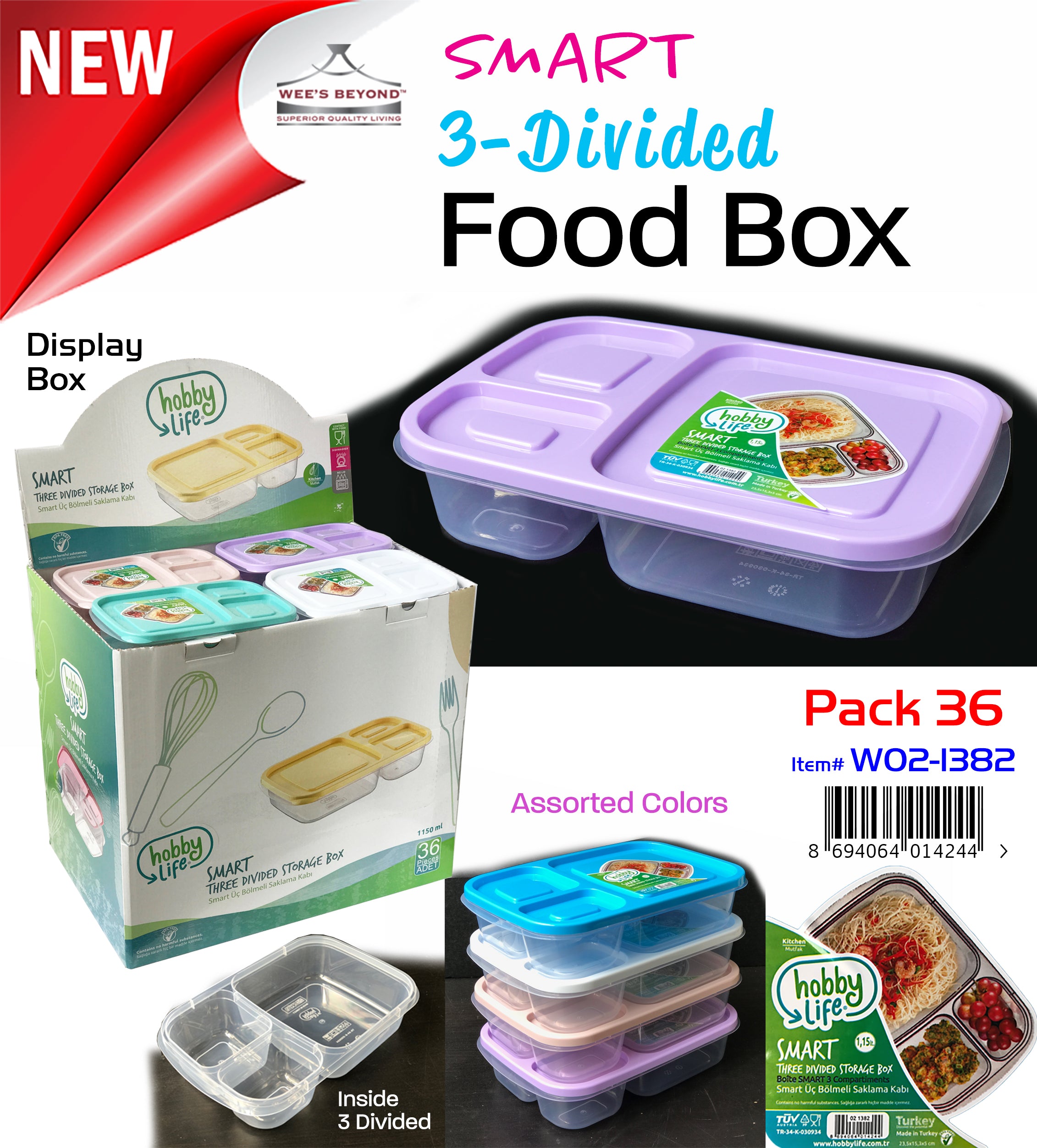 #W02-1382 Smart 3-Divided Food Storage Box- Display Pack (case pack 36 pcs)
