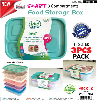 W02-1383 Smart 3-Divided Food Storage Box 3 pcs Pack (case pack 12