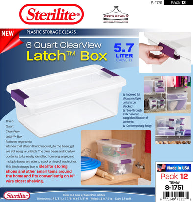 #S-1751 Sterilite Plastic 6 Quart ClearView Latch Box (case pack 12 pcs)