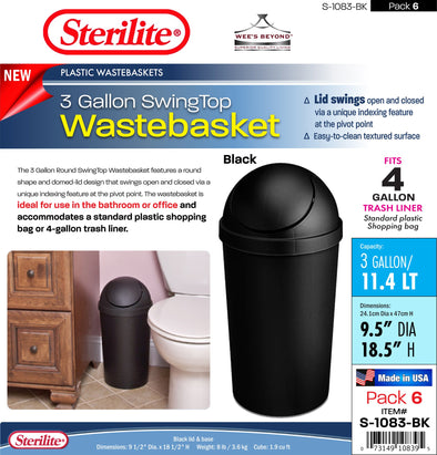 #S-1083-BK Sterilite Plastic 3 Gallon SwingTop Wastebasket Black (case pack 6 pcs)