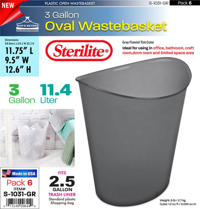#S-1031-GRY Sterilite Plastic 3 Gallon Oval Wastebasket - Gray (case pack 6 pcs)