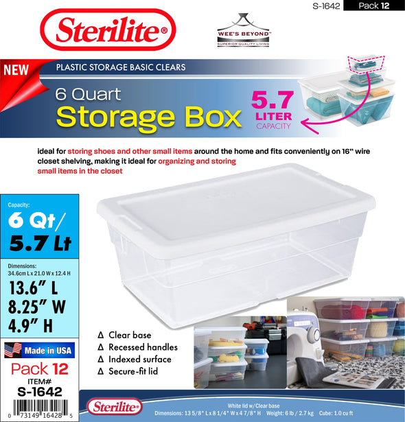 #S-1642 Sterilite Plastic 6 Quart Storage Shoe Box (case pack 12 pcs)