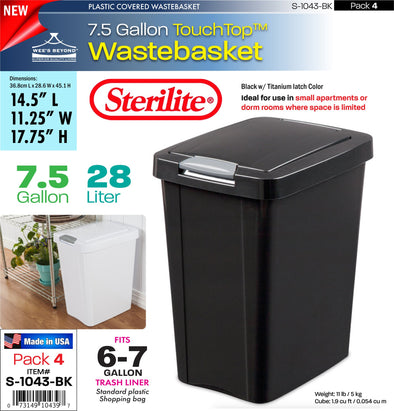 #S-1043-BK Sterilite Plastic 7.5 Gallon TouchTopª Wastebasket- Black (case pack 4 pcs)