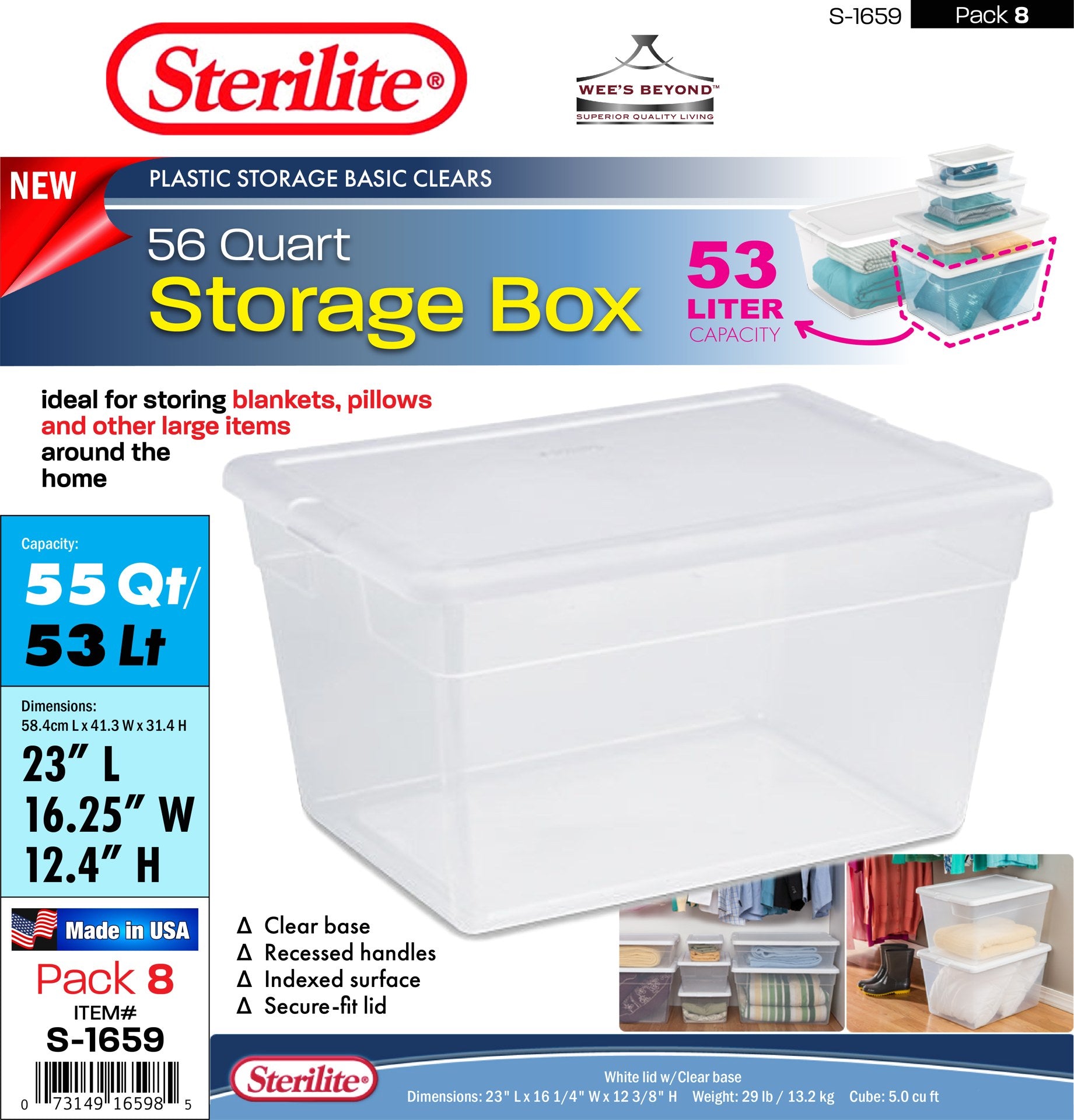 Sterilite 56 Quart/53 Liter Storage Box, White Lid w/ Clear Base