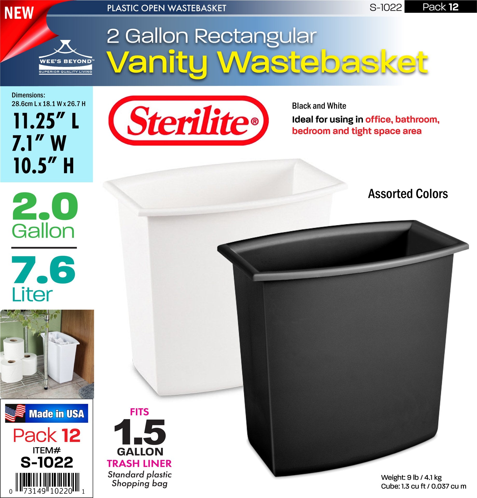 Sterilite 1022 - 2 Gal. Rectangular Vanity Wastebasket Assorted