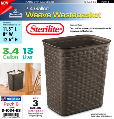 #S-1034-ES Sterilite Plastic 3.4 Gallon Weave Wastebasket- Espresso (case pack 6 pcs)