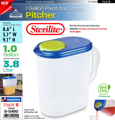 #S-0490 Sterilite Plastic 1 Gallon Pitcher w/Lime Tab (case pack 6 pcs)