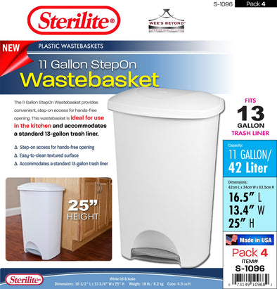 #S-1096 Sterilite Plastic 11 Gallon StepOn Wastebasket (case pack 4 pcs)
